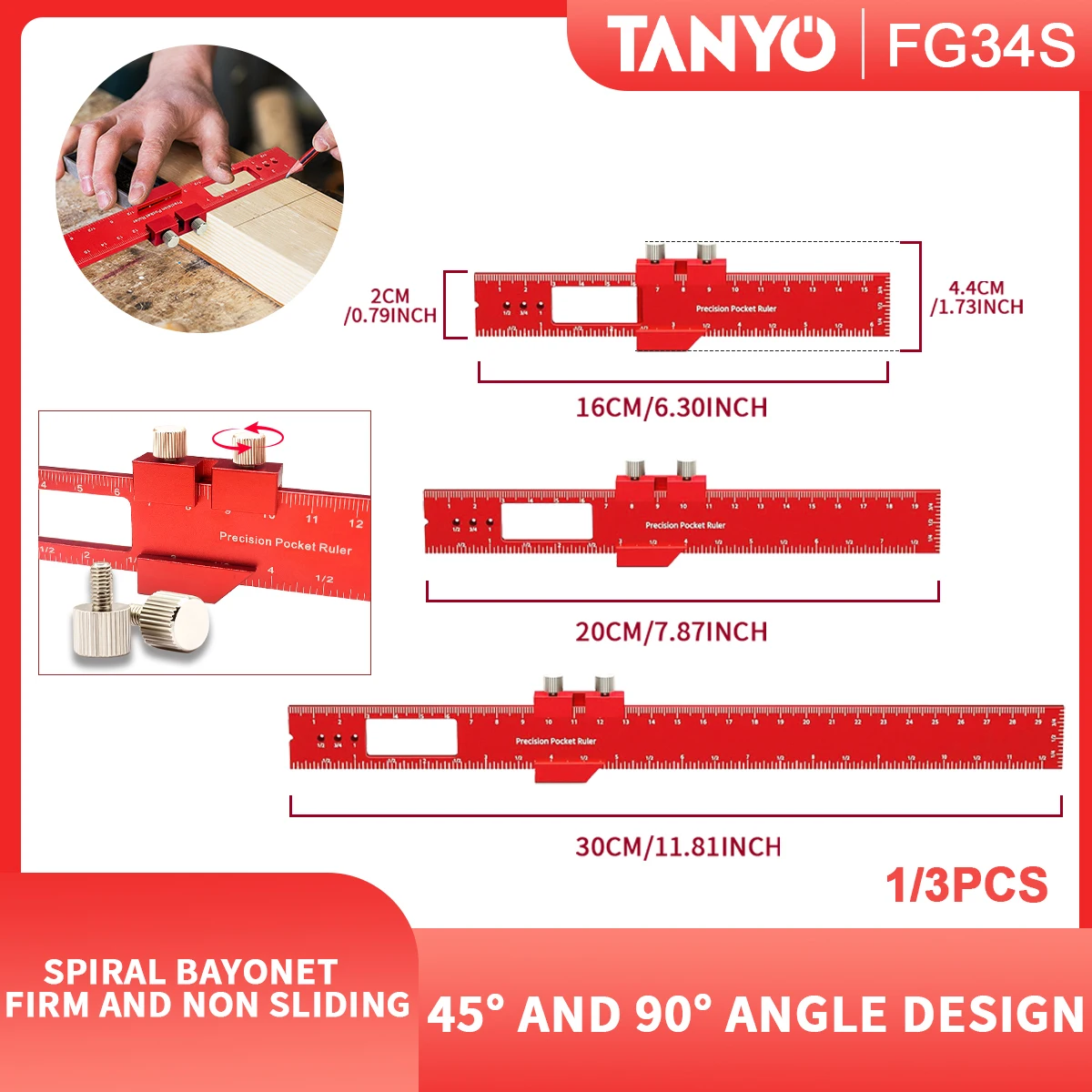 

1/3Pcs Precision Pocket Woodworking Ruler Inch and Metric T-Track Marking Tool with Slide Stop for Carpentry, DIY Projects