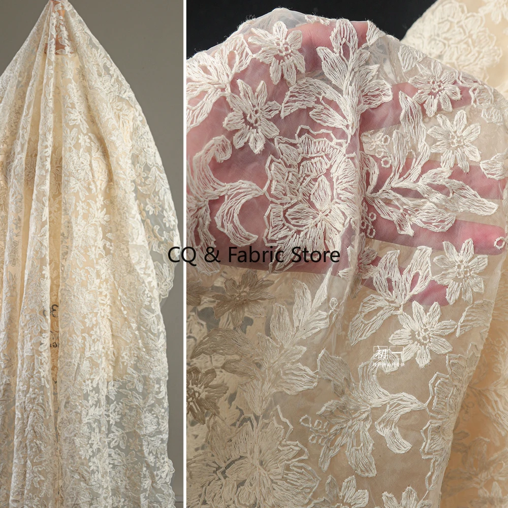 

Бежевая хлопковая нить с вышивкой и цветочной сеткой, кружевная ткань для дизайнерского платья/одежды, ткань для шитья
