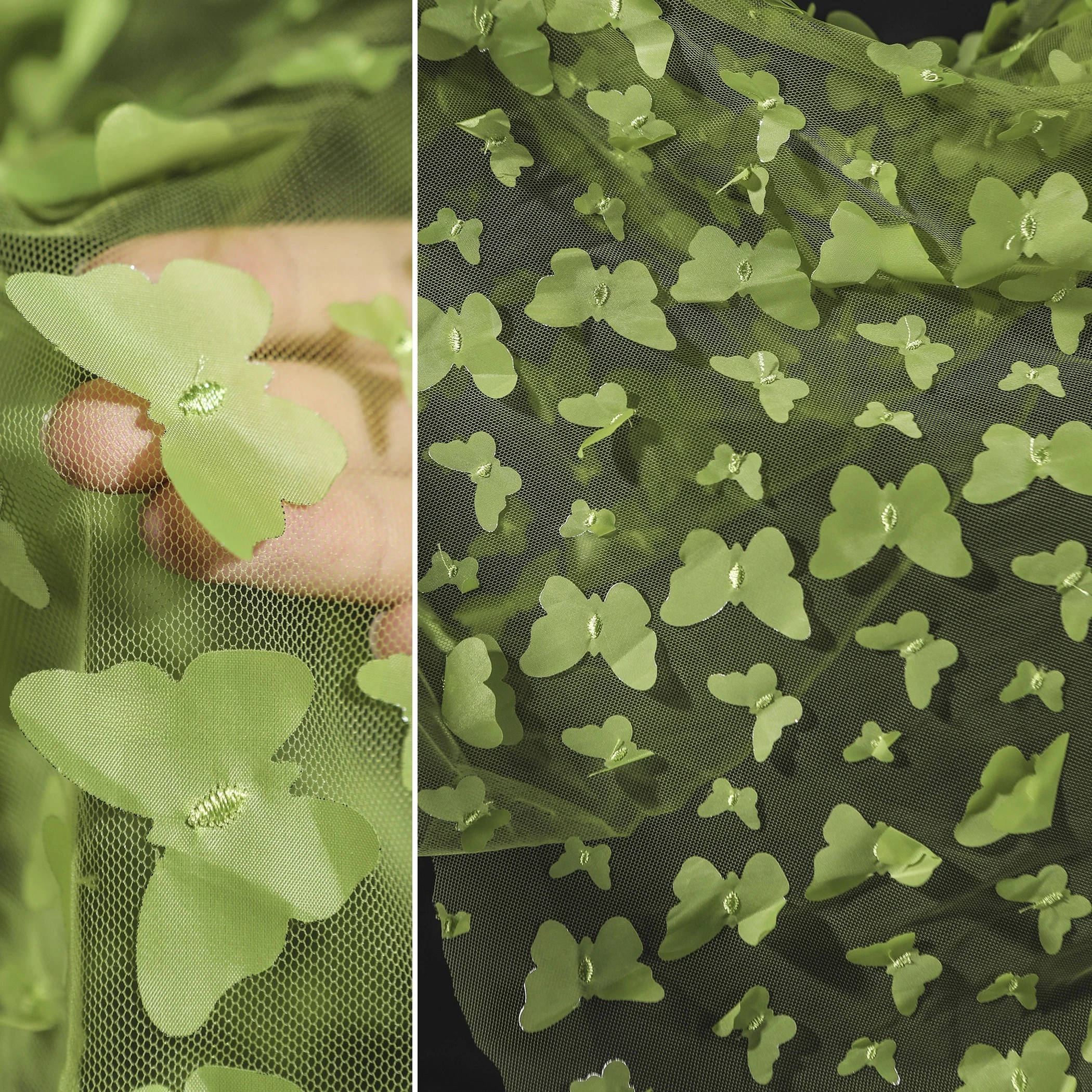 緑色の立体的な踊る蝶のメッシュ、軽量でエレガントな刺繍糸のウェディングドレスデザイナー生地