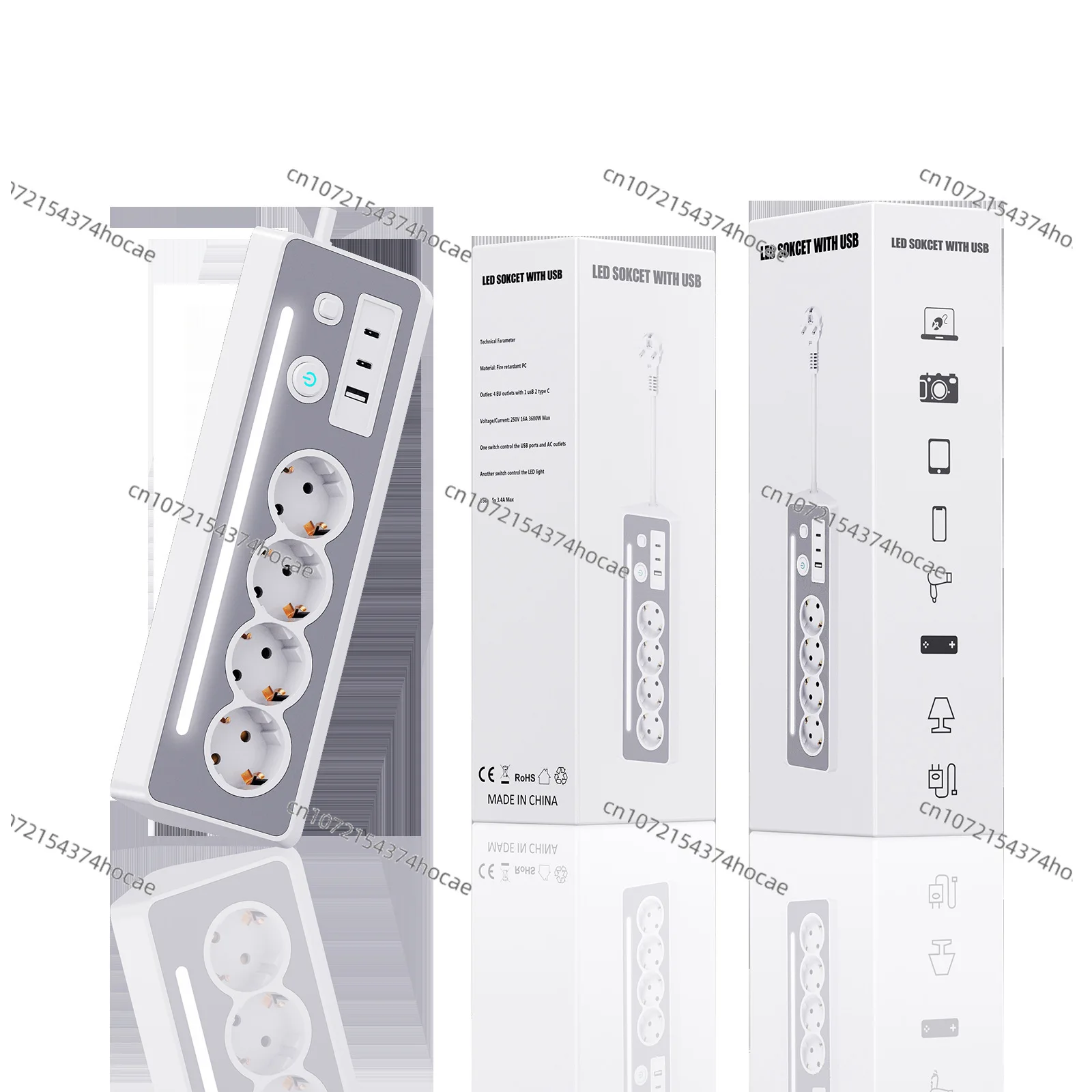 مقبس قياسي أوروبي متعدد المآخذ مع مفتاح إضاءة مع مقبس USB بجانب السرير PD شحن سريع شريط متعدد الطاقة بدوره واحد #6
