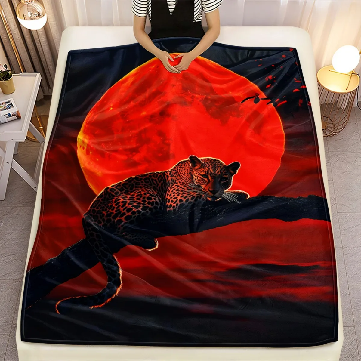 1PC Red moon leopard wild animal artwork blanket dramatic night scene throw blanket soft fleece  nature lover gift cozy