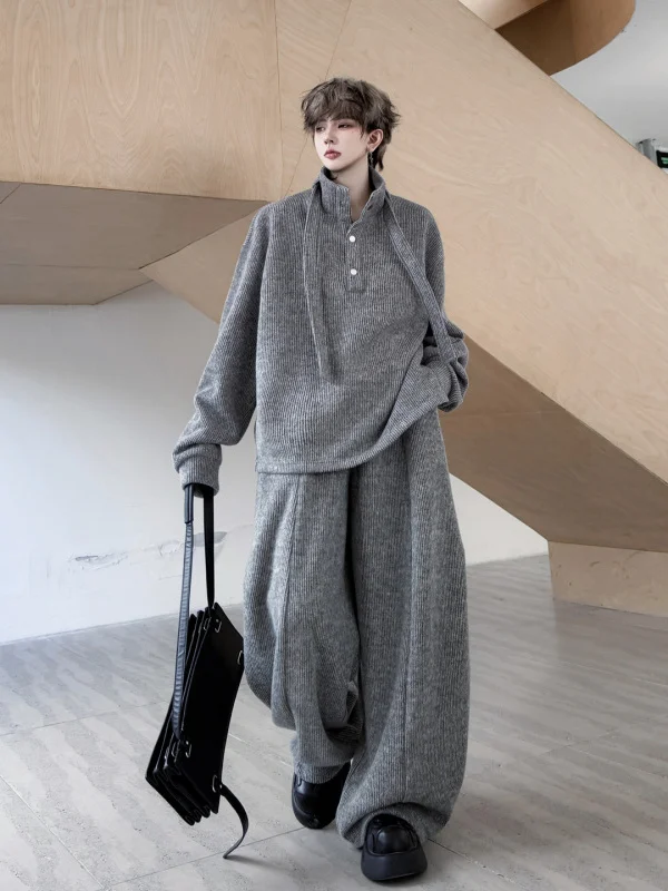 

TANGZ STUDIO Зимний утепленный спортивный костюм-двойка в американском стиле: мужской комплект с воротником, поясом и широкими брюками