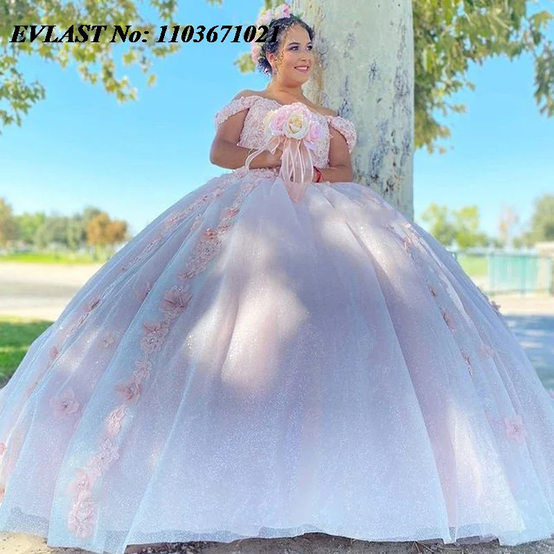 EVLAST Customized Pink Quinceanera Dress Ball Gown 3D Floral Applique Beading Cape Corset Sweet 16 Vestidos De 15 Anos SQ562