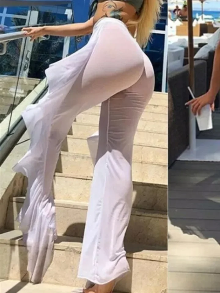 Semi-Transparent High-Quality Slimming Multi-Color Lace Trim Pants Ruffles Mesh Lace Sheer Trousers 2025 New Fashion FK0Q