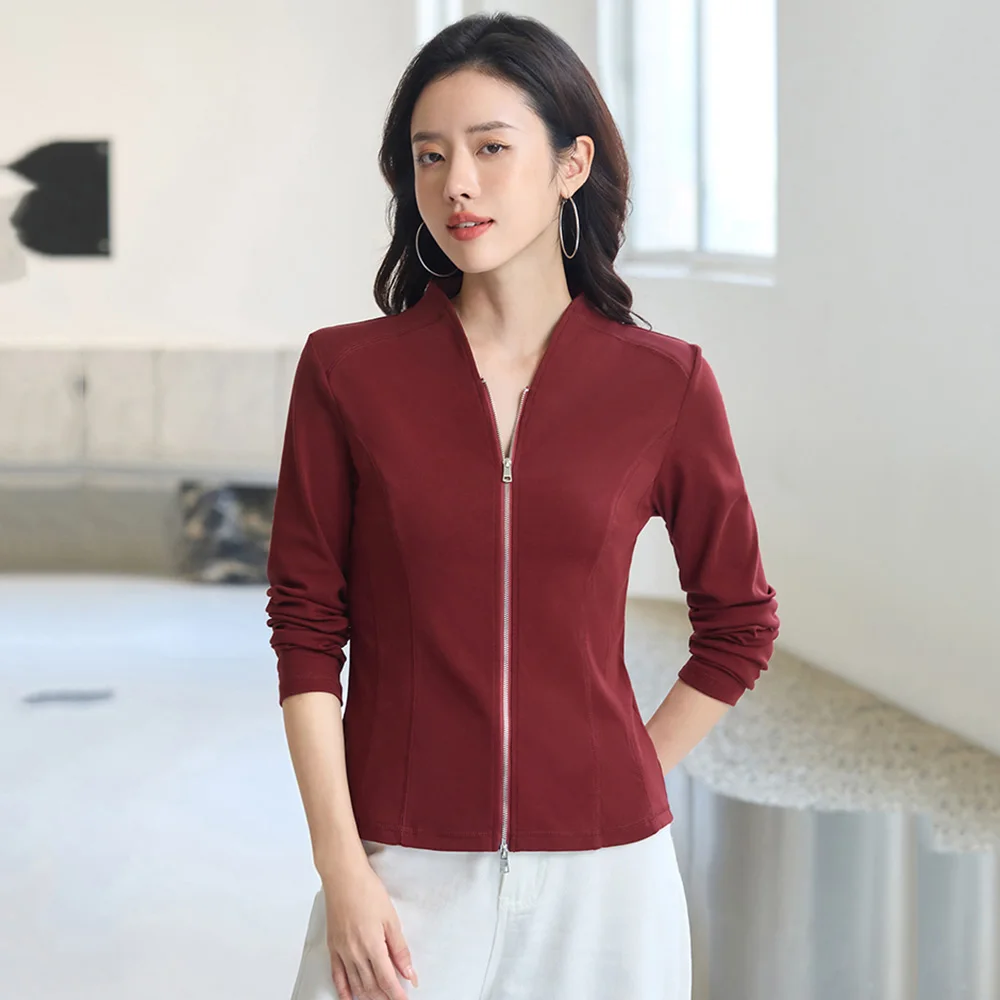 

Новый Женщины Небольшой V-образный вырез Воротник-стойка Футболка Весна Осень Мода Сплошной цвет Длинный рукав Основные тройники Повседневная Тонкий Кардиган на молнии