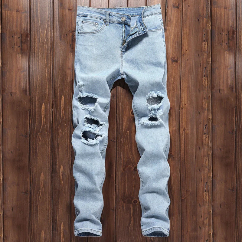 2024 cross-border supply Europe and the United States street fashion men spring ripped knee stretch slim light blue jeans