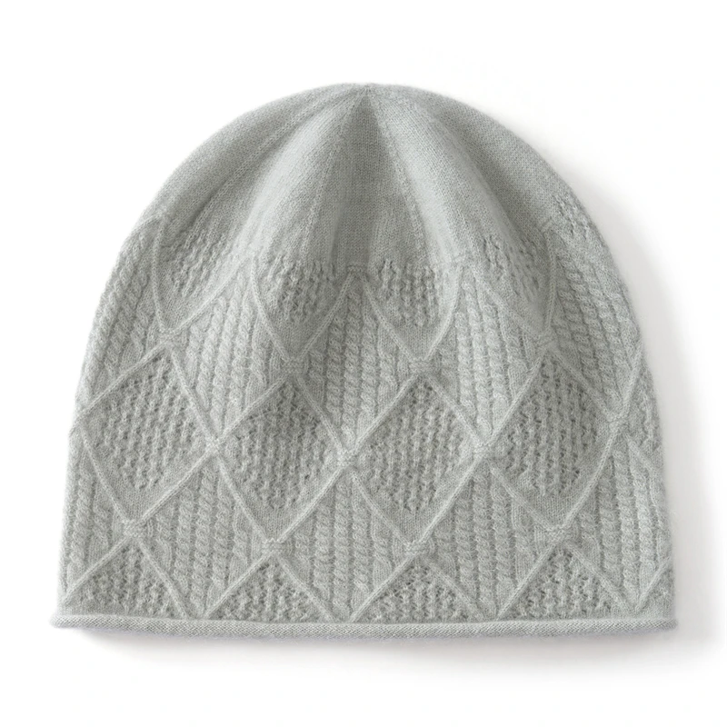 KOIJINSKY 100% Pure Cashmere Beanie Hat Women Diamond Lattice Openwork Rolled Hem Warm Winter Slouchy Cap