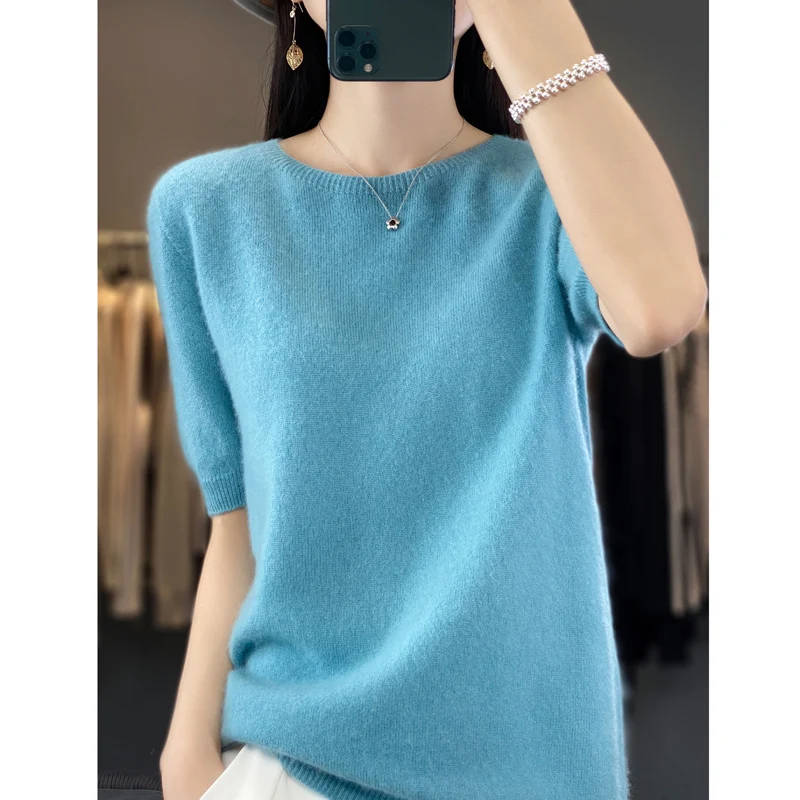 Fashion short sleeve 100% merino wool sweater basic O-neck cashmere women\'s knitted top pullover sweater top