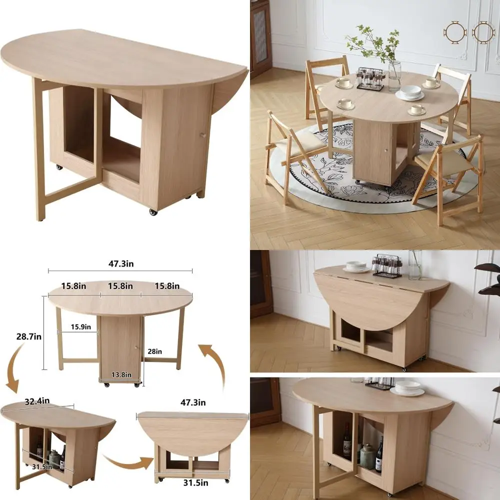 

Expandable Wooden Dining Table for 4-8 People with Drop Leaf and Storage Shelf