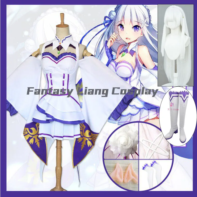 

Anime Emilia Cosplay Costumes Women Wig Shoes Dress Headdress Full Set Halloween Carnival Party Clothing
