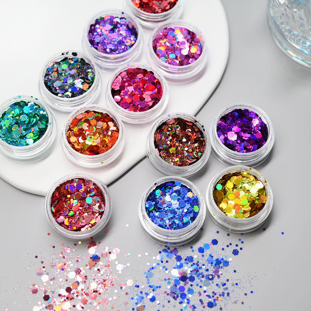 24 Jars/Lot Nail Art Holographic Chunky Glitter Hexagon Shape Mix Loose Glitter Face/Body/Eye Nail Festival Sequins Manicure DIY