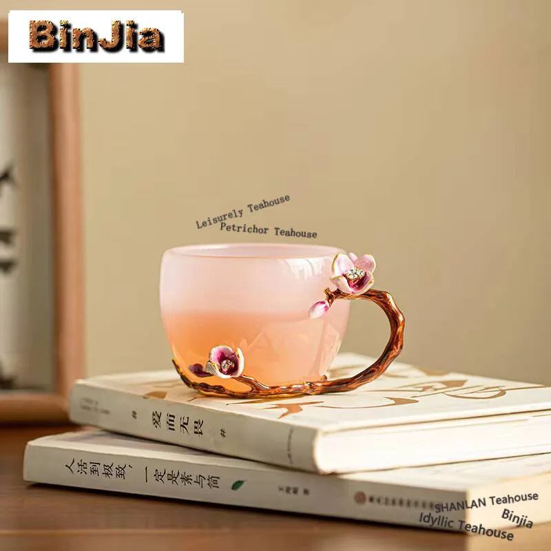 

160ml Creative Pink Jade Porcelain Teacup Handmade Flower Girl Pink Glass Master Handle Cup Coffee Mug Afternoon Tea Bowl Gifts