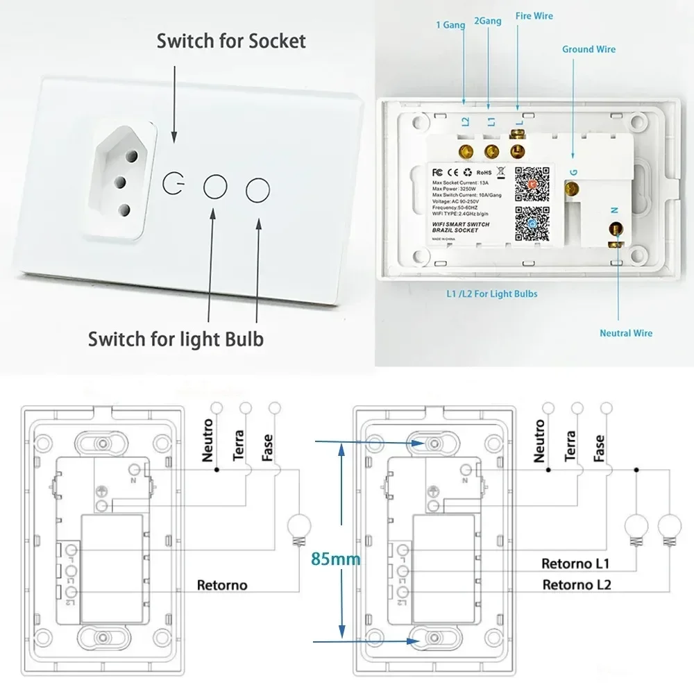 Melery Tuya Brazil Light Switch Wifi Smart Paralela Wall Socket Plug Brasil Outlet Glass Panel Intelligent by Alexa Google Home