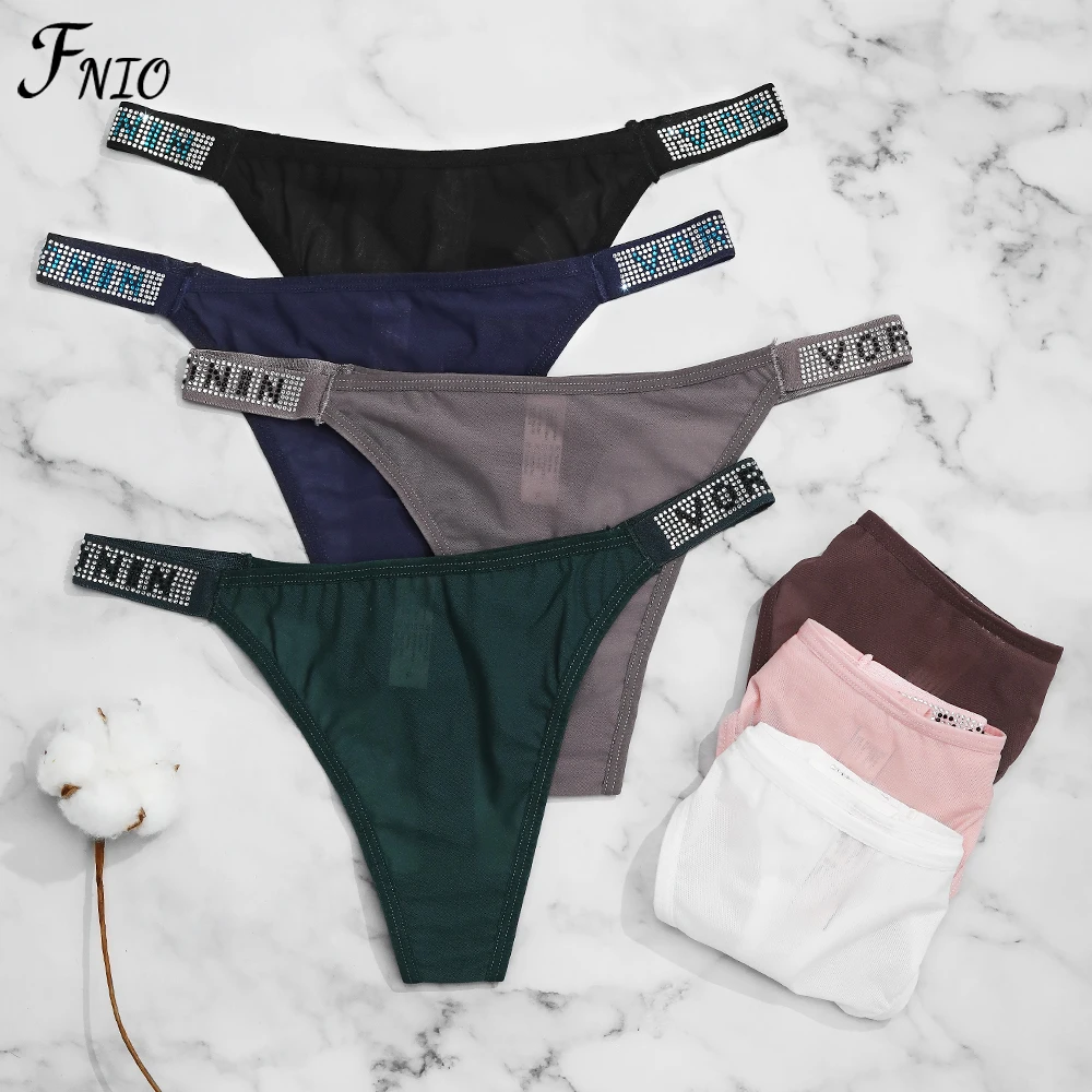 FNIO 2PCS Ladies Sexy Thong Lingerie Low Waist Side Straps Rhinestone Panties Crotch Cotton Comfort Letter Female Underwear