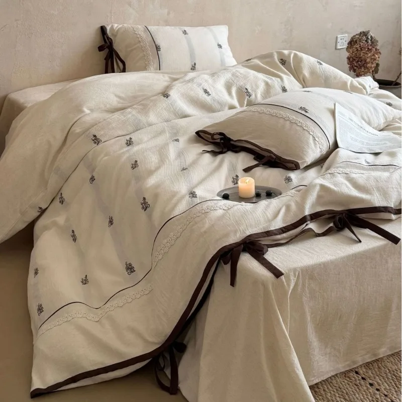 Retro Style Cotton Double-layer Yarn Skin-friendly Four-piece Set Yarn-dyed Quilt Cover Bed Sheet Pillowcase Machine Washable