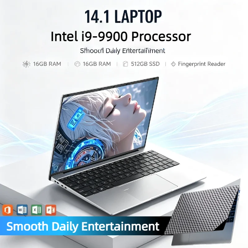 Ultra Slim 14.1 Inch i9 9900 Laptop 32GB DDR4 2TB NVMe SSD 1920x1080 Fingerprint Backlit Keyboard 8C16T 5GHz Gaming Workstation