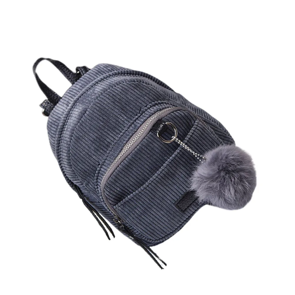

Blue Gray Corduroy Backpack Retro Hairball Satchel Bookbag Travel School Bag Fashion Student Casual Outdoor Bag for Girls