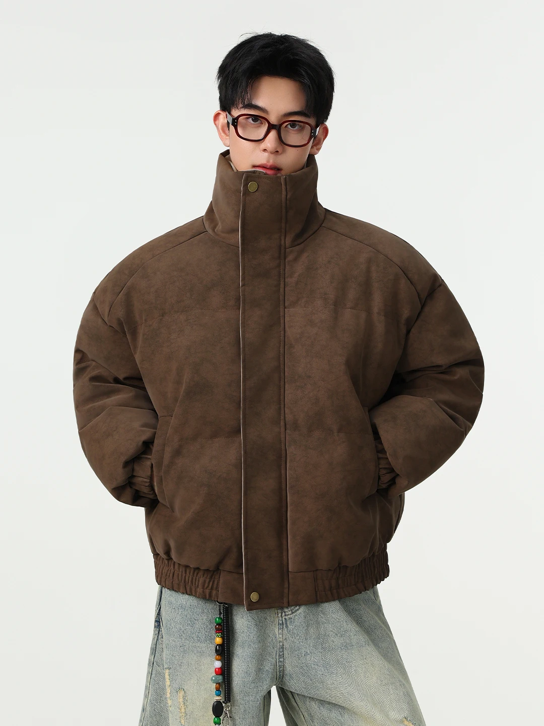 

Thiened American Contrast Color PU Leather Dyed Cotton Jaet Men's Winter ort Sle down Bread Coat Warm Youth Faion