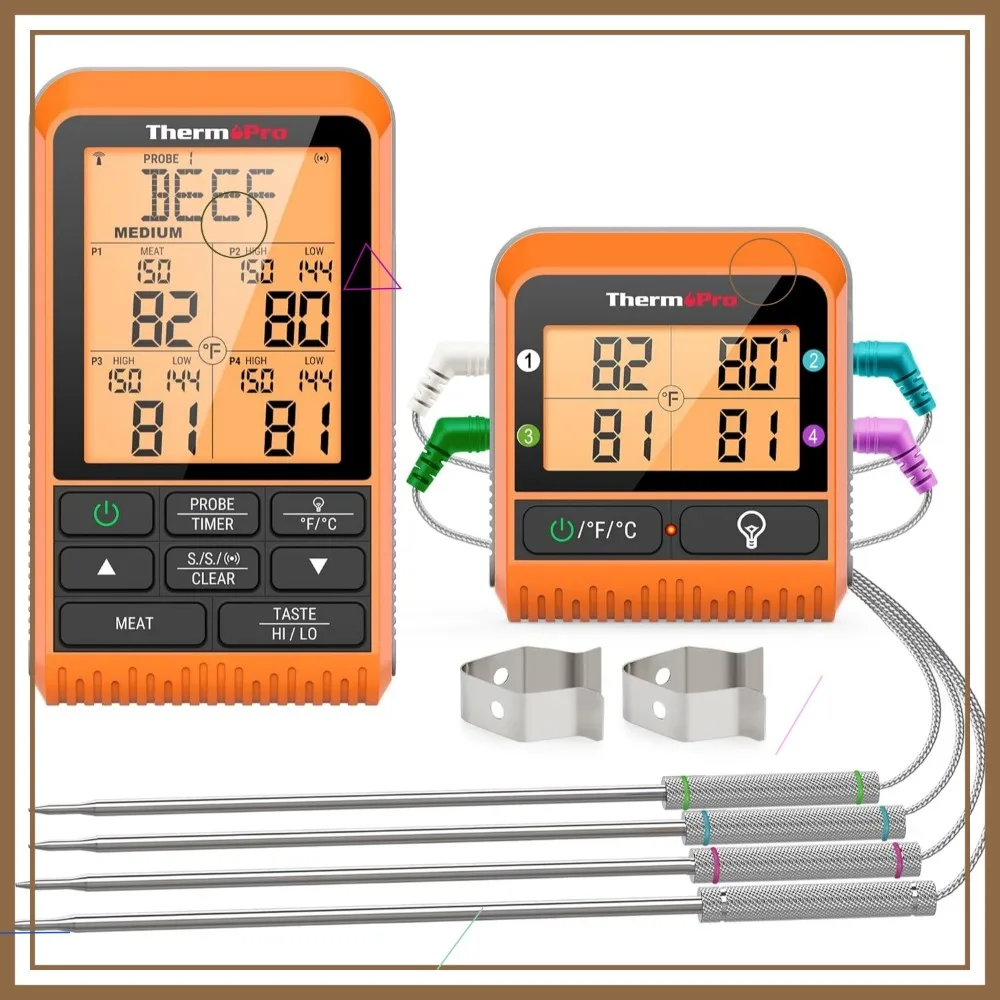 

Wireless Meat Thermometer with 4 Probes for Grilling, Smoking, BBQ - 1000ft Range, Digital Temperature Indicator