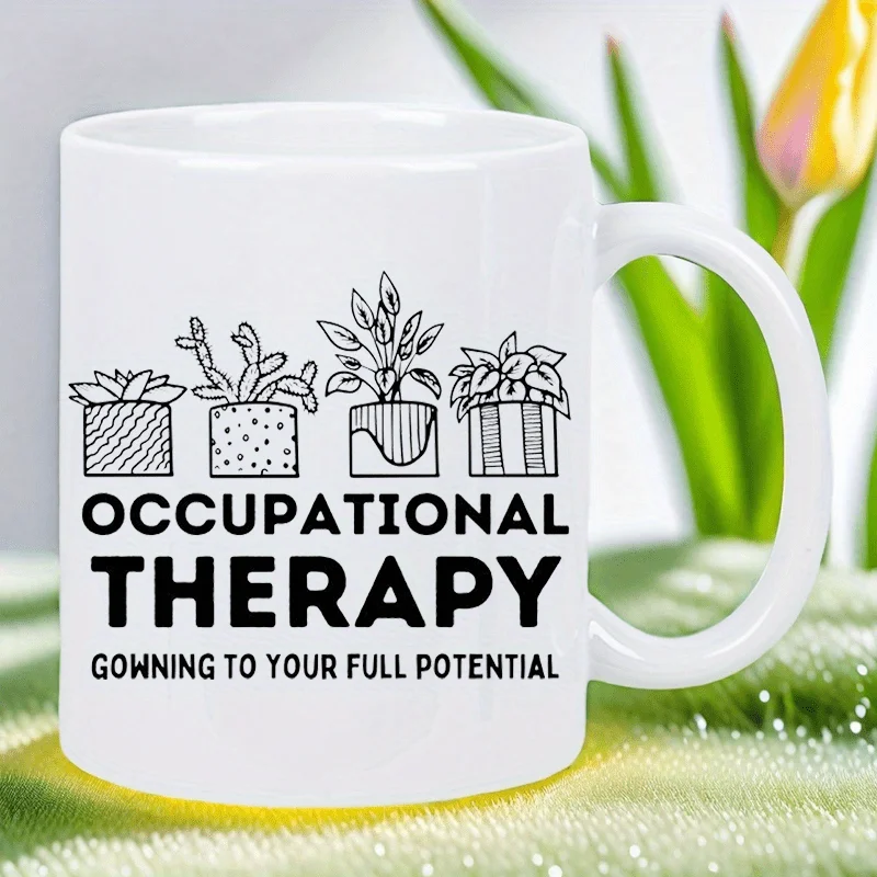 

Occupational Therapy Inspirational Ceramic White Mug - "Unleash Your Full Potential" with Cacti & Plants Design, Reusable, Hand