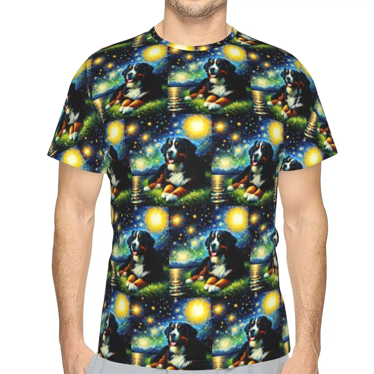 Starry Night Bernese Mountain Dog Van Gogh Lover 100% Cotton T-Shirt Men'sFashion T Shirts Men Crew Neck Short Sleeve