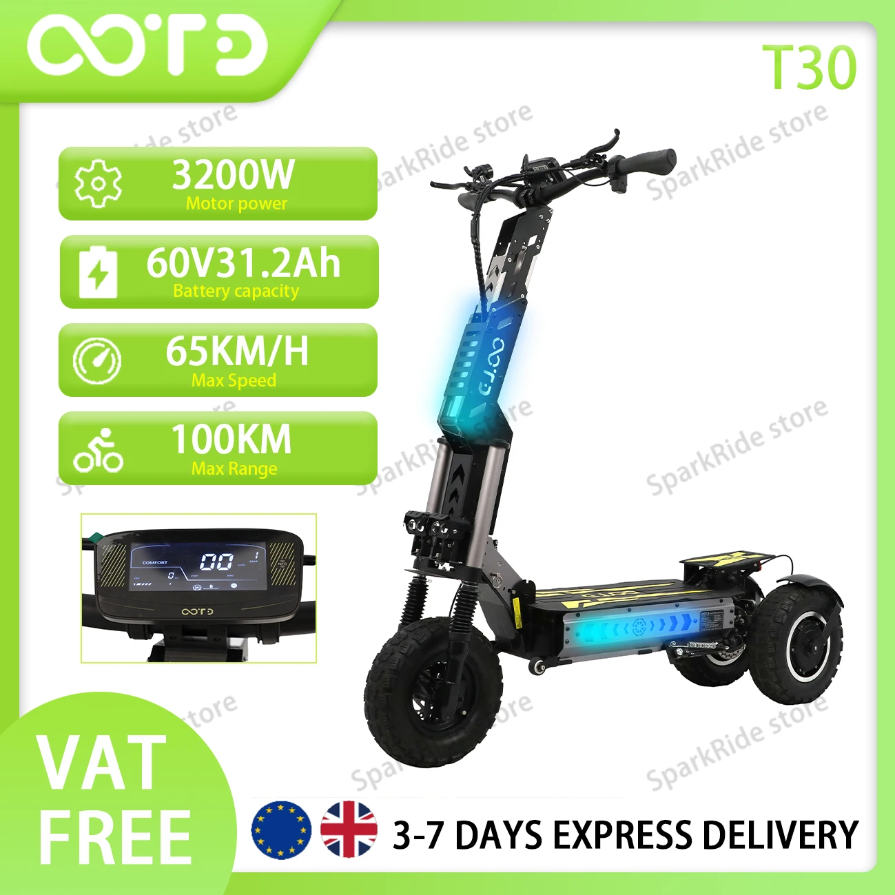 OOTD T30 E-Scooter 3200W Motor 60V 31,2Ah Akku 65KM/h Höchstgeschwindigkeit …