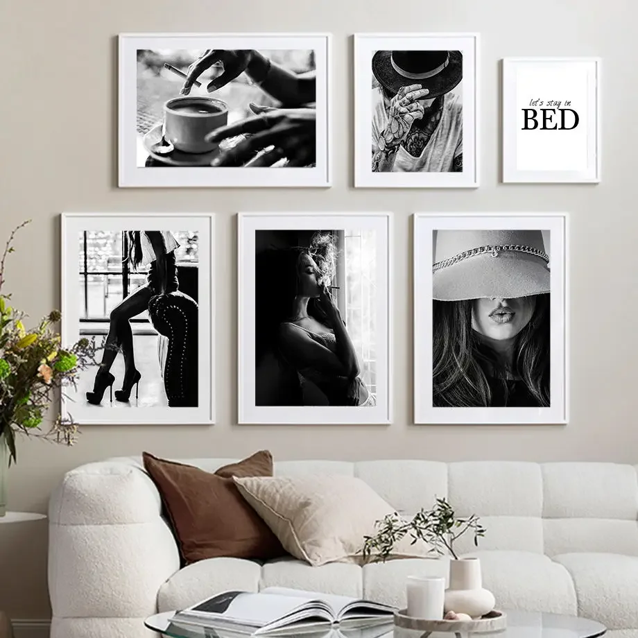 

2D/Flat Frameless Black White Paris Model Girl Sea Abstract Wall Art Print Canvas Painting Nordic Posters for Living Room Decor