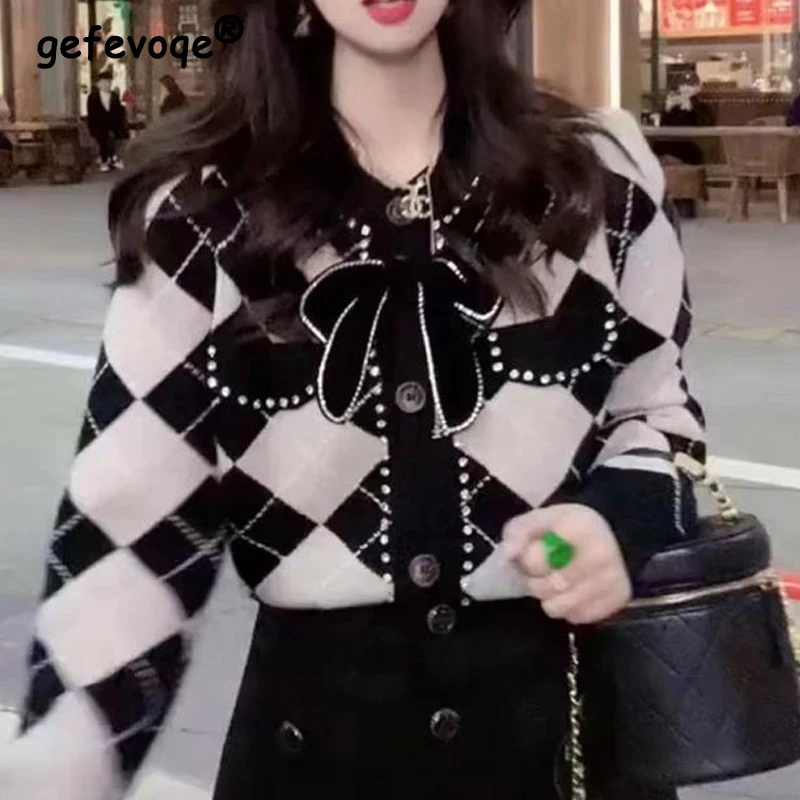 Women Trendy Vintage Argyle Diamonds Bow Chic Sweet Outewear Button Knitted Cardigan Y2K Female O Neck Long Sleeve Sweater Coats