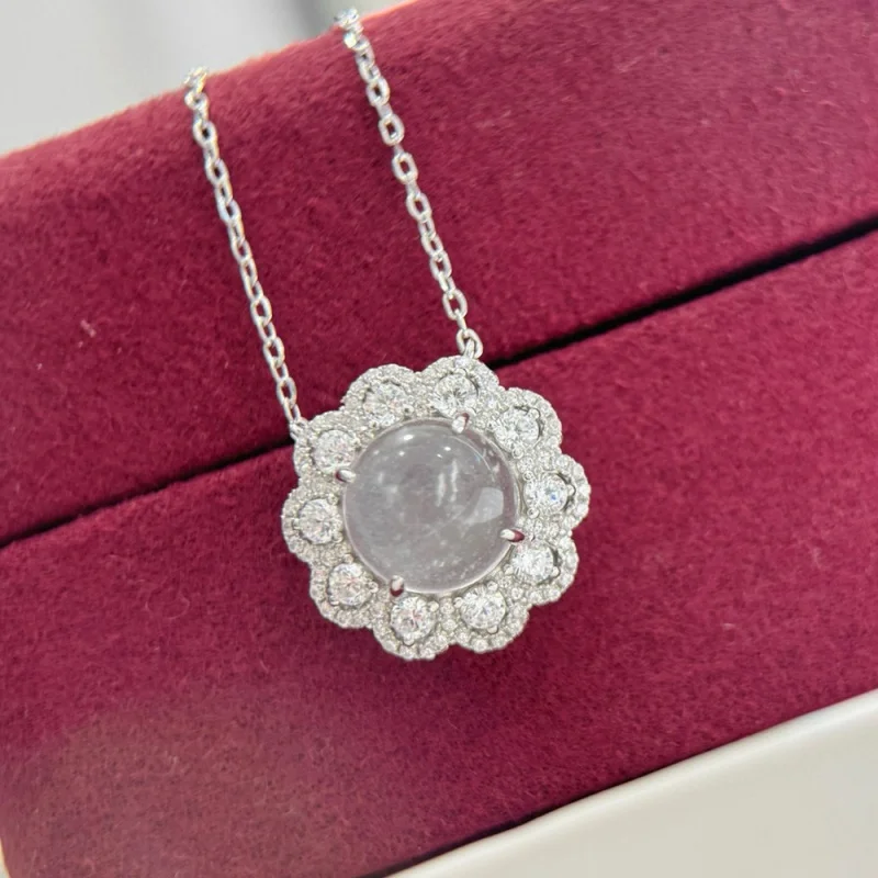 S925Sterling Silver Natural Water-Foam Jade National Style Exquisite High-Grade Lace High Ice Jade Clavicle Necklace for Women