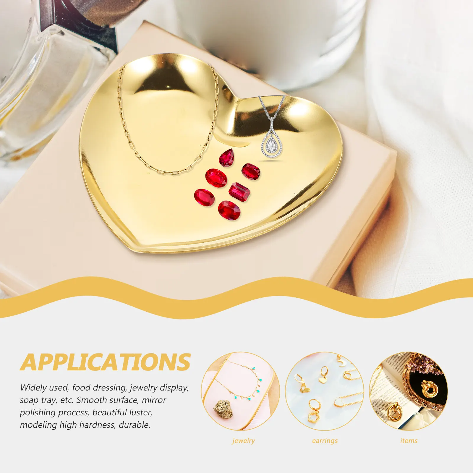 

2Pcs Heart Jewelry Tray Stainless Steel Multifunctional Jewelry Storage Holder Small Ring Necklace Display Plate Nordic Style