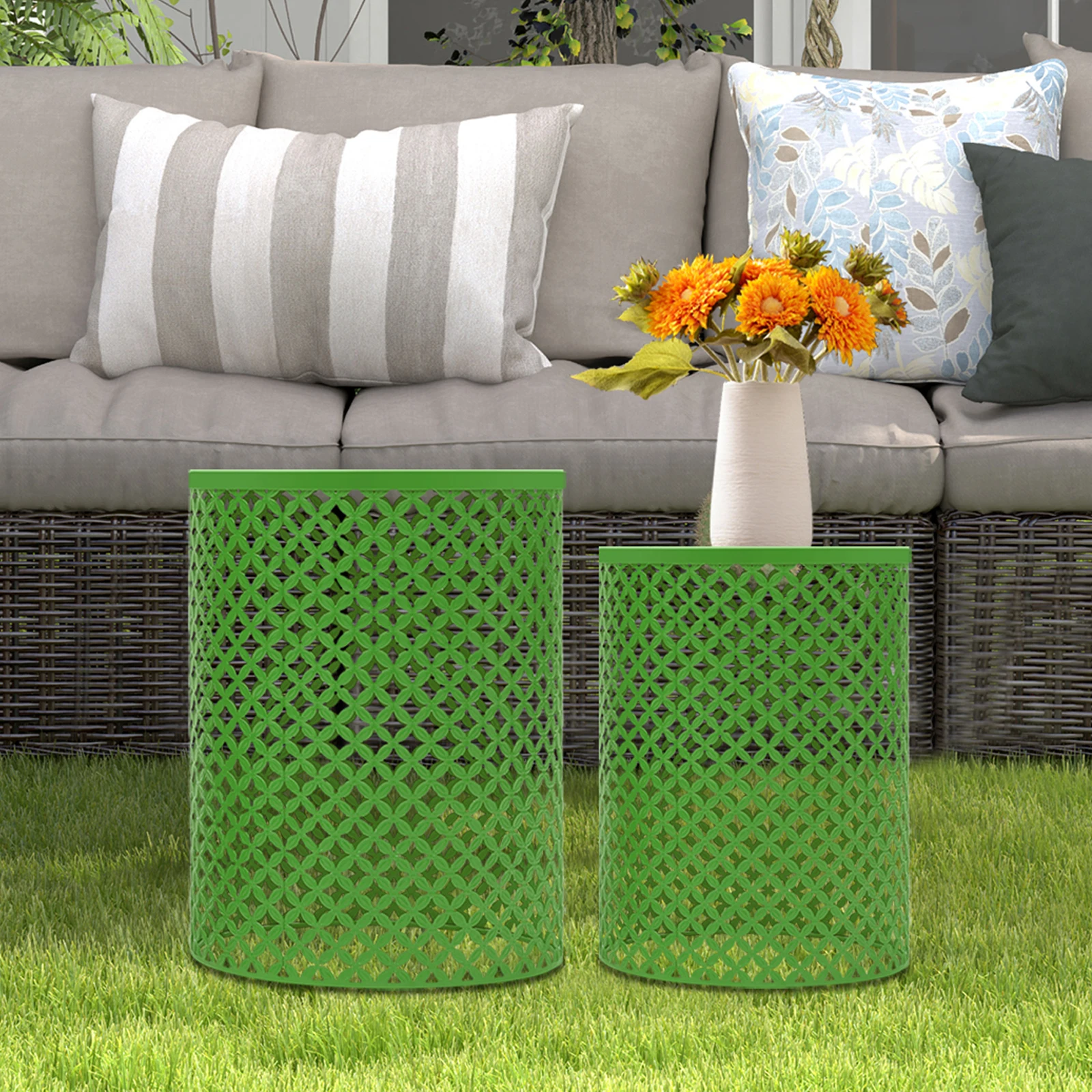 2pcs Side Tables - Rustic Green Openwork Floral Design Iron Crafted Durable  Coffee Tables with 66lbs Load Capacity