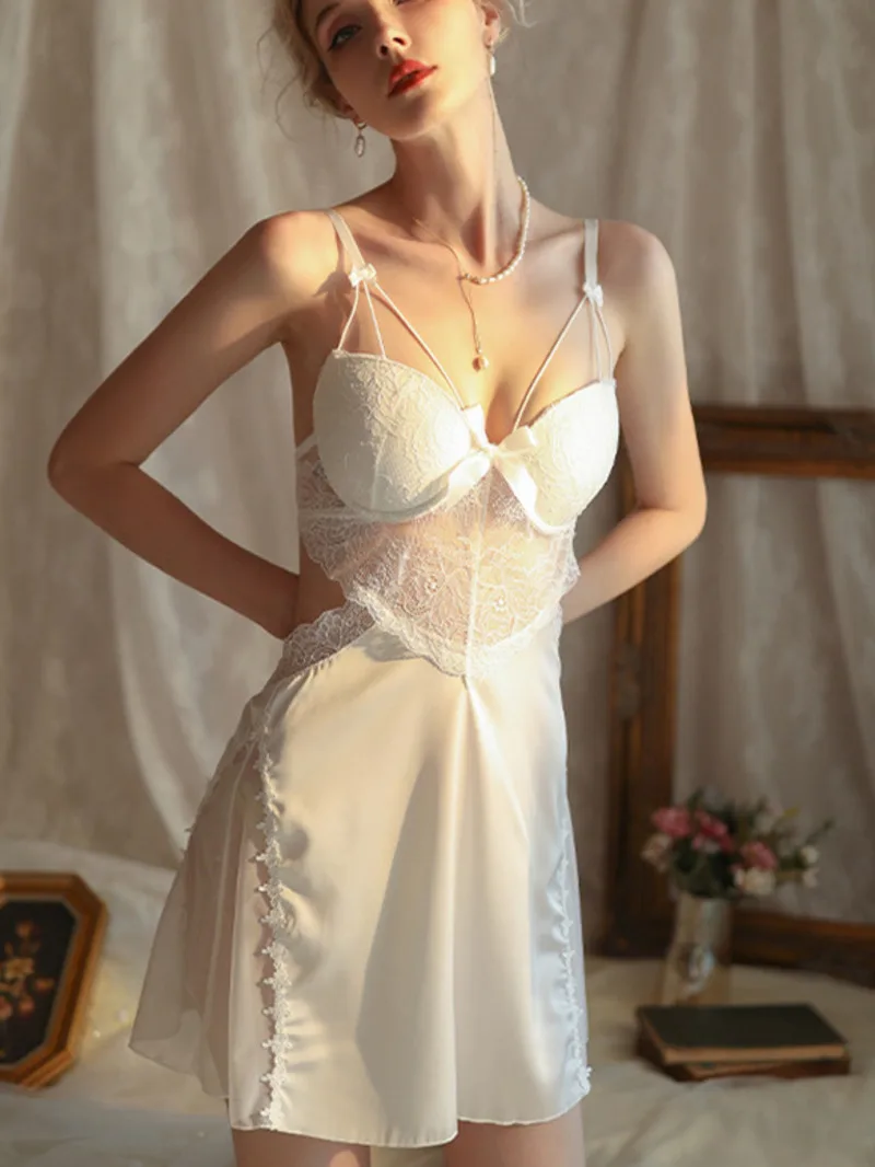 فستان نسائي بحزام صدر من الحرير الجليدي رفيع ومثير بحزام من الدانتيل بدون ظهر عميق على شكل حرف V بدون أكمام بلون سادة أنيق XHSS #1