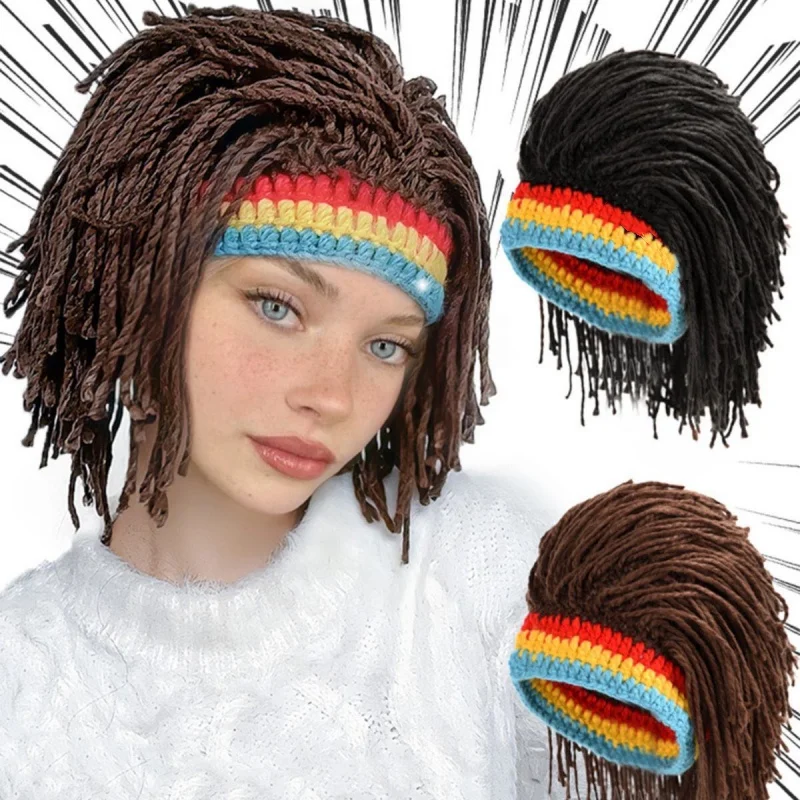 Unisex Synthetic Wig Faux Braid Dreadlock Cap Handmade Knit Beanie Cap African Jamaica Cosplay Party Hip Hop Headwear Hat