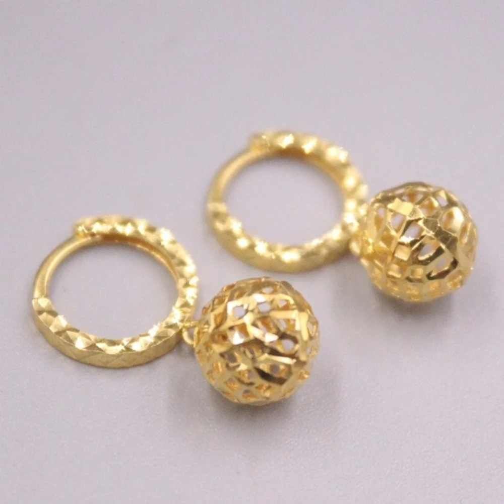 

Real Pure 18K Yellow Gold Hoop Women Lucky Carved Hollow Ball Dangle Earrings 1.97g