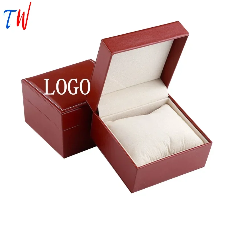 Deep Red PU Leather Inner White Large Watch Pillow Watch Storage Case Box Bracelet Jewelry Packaging Box Print Free Custom Logo