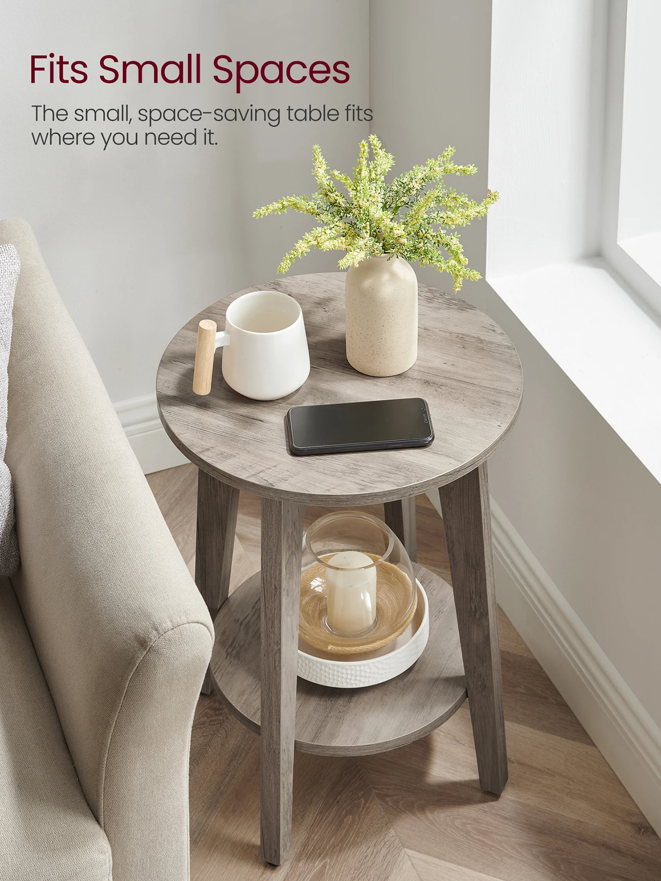 Round Side Table With Lower Shelf, End Table For Small Spaces, Nightstand For Living Room, Bedroom 15.8 X15.8 X 19.7 Inches