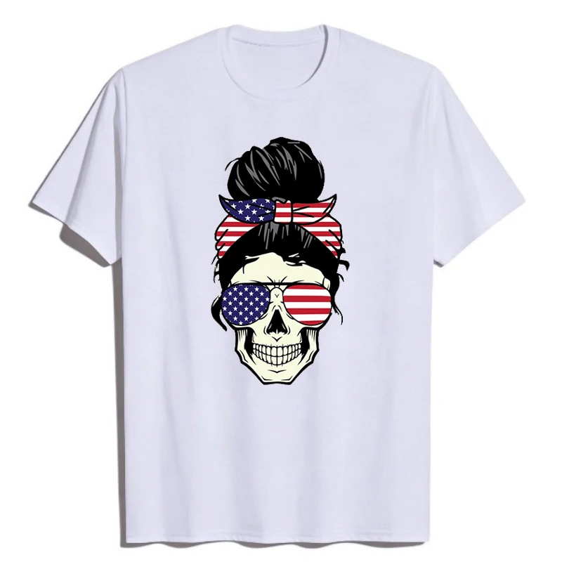 

The American Flag T Shirts Skullbone Shirt Glasses with Retro Leopard Print Tees Women Clothing Casual Wear Adult T-Shirt