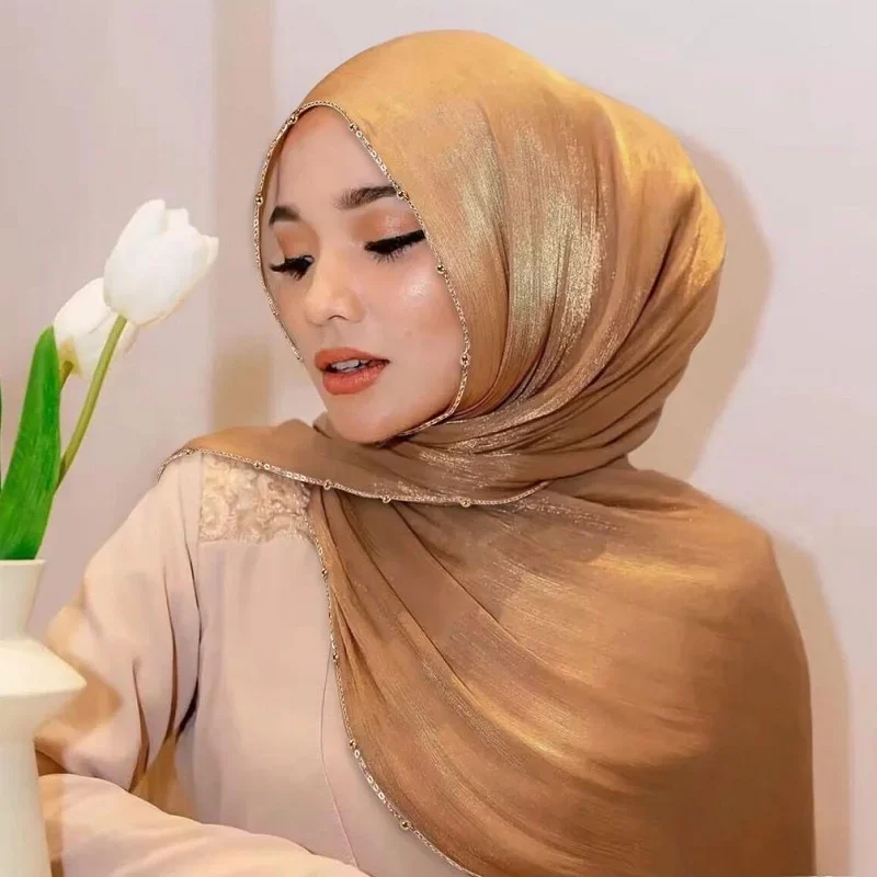 

Beads Silk Crinkle Hijab Scarf Women Shimmer Shawls Muslim Hijabs Islam Turban Pleated Scarves Bandanas Headband Bufanda Foulard