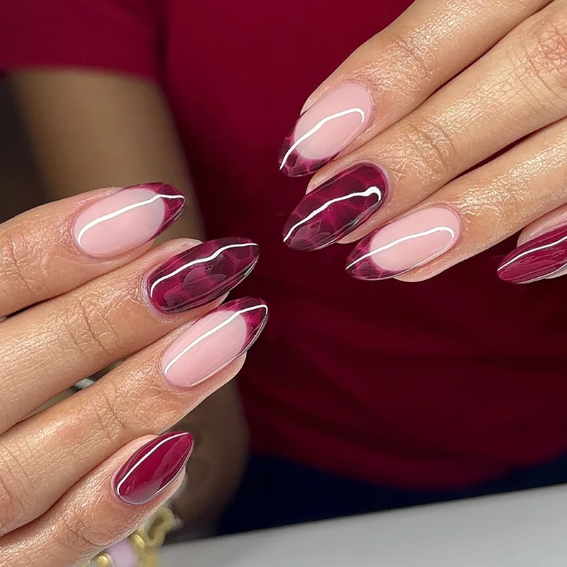 

24PCS Red Leopard Print Almond Shape French Autumn Winter Sweet Cool Style Removable Fake Nails Sexy Elegant Uñas Press on Nails