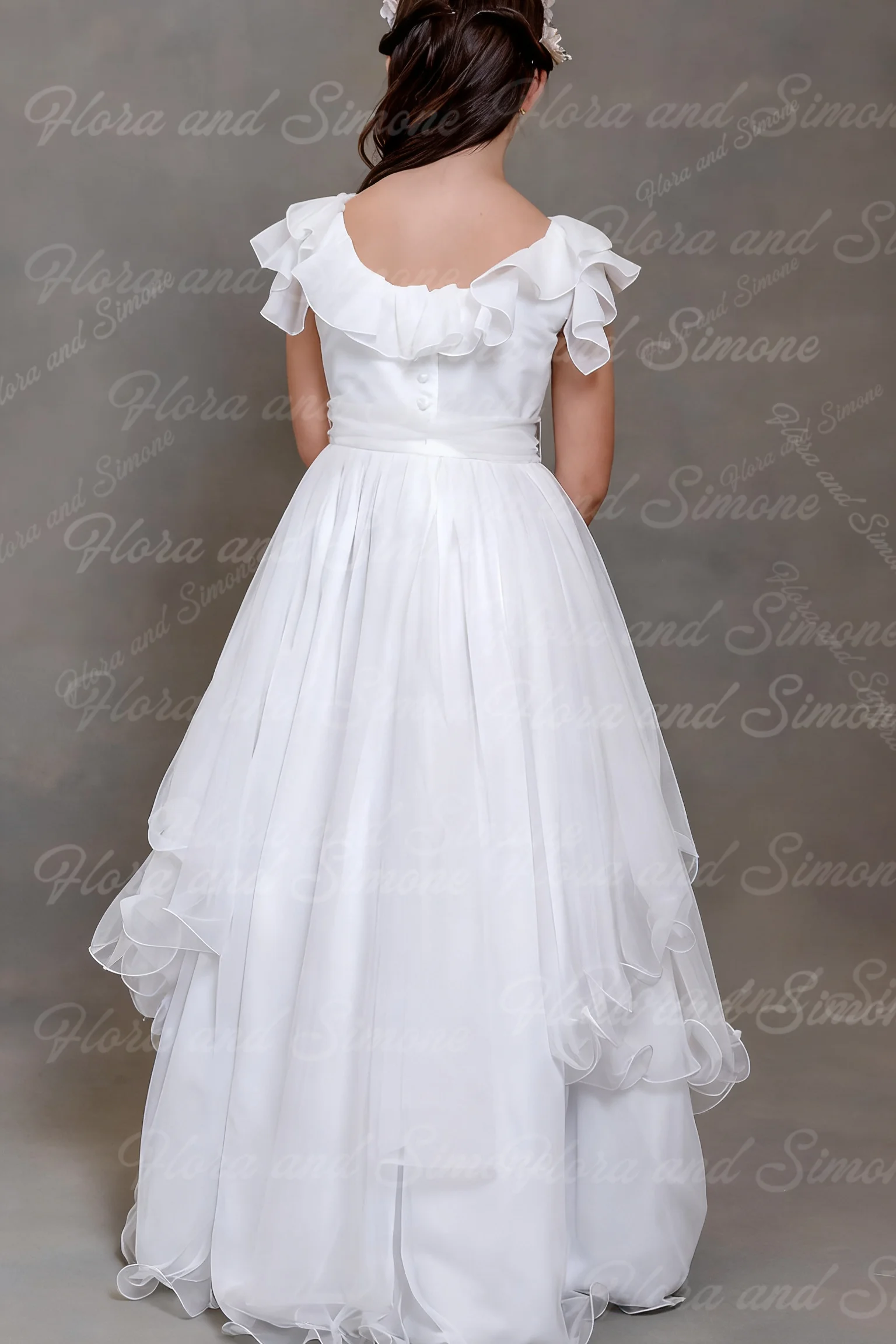 customized Short sleeves Backless Ruffle Satin Flower Girl Dress for Baptism First Communion Parties Wedding Ceremonies Parties