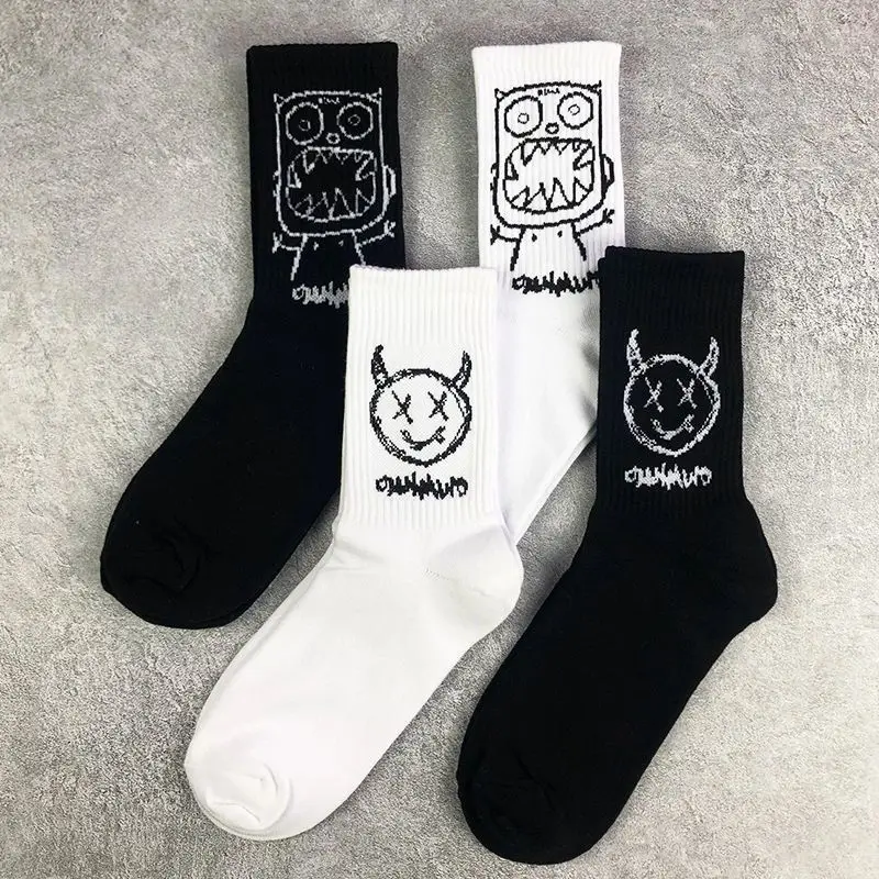 Men Women Socks Cotton Simplicity Anime Devil Grimace Harajuku White Black  Graffiti Fashion Long Funny Hip Hop Sox