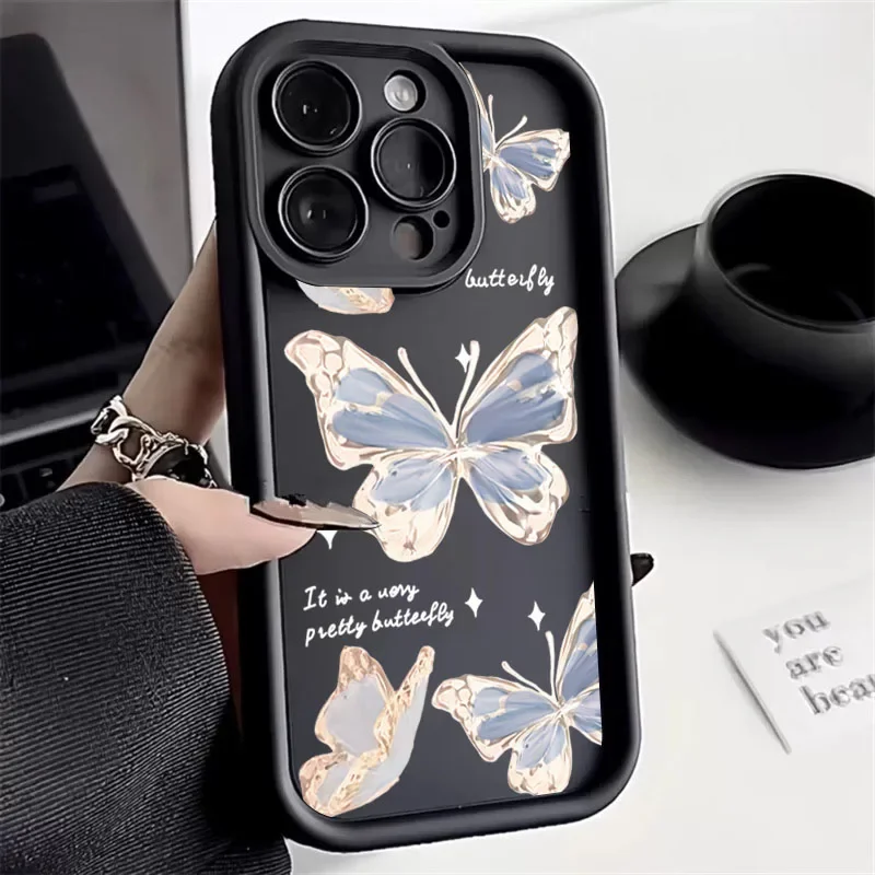 Case For iPhone 15 Pro Max Cases iPhone 14 Case Blue Butterfly Silicone Phone Case For iPhone 13 12 11 XS XR X 7 8 Plus 15 Cover