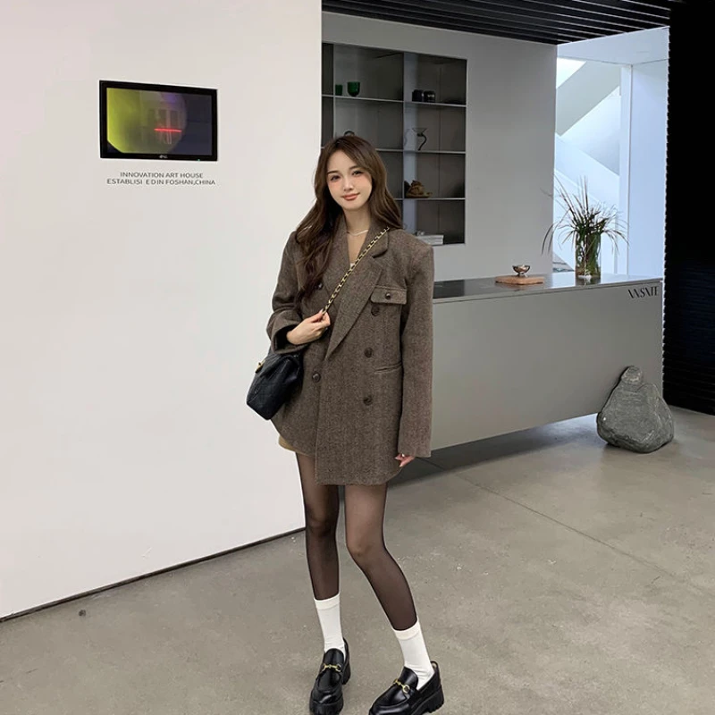 Korean Fashion Women Loose Tweed Blazers Autumn Spring French Elegant Thick Long Suit Jackets Ladies Office Coats Casual Outwear