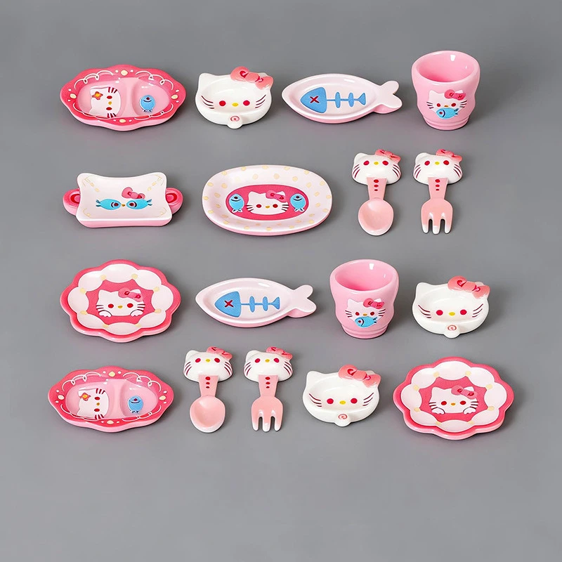 

100 шт. милых мультяшных аксессуаров Sanrio Hello Kitty Cat Series: ложки, тарелки, чашки для украшений и декора кукольных домиков