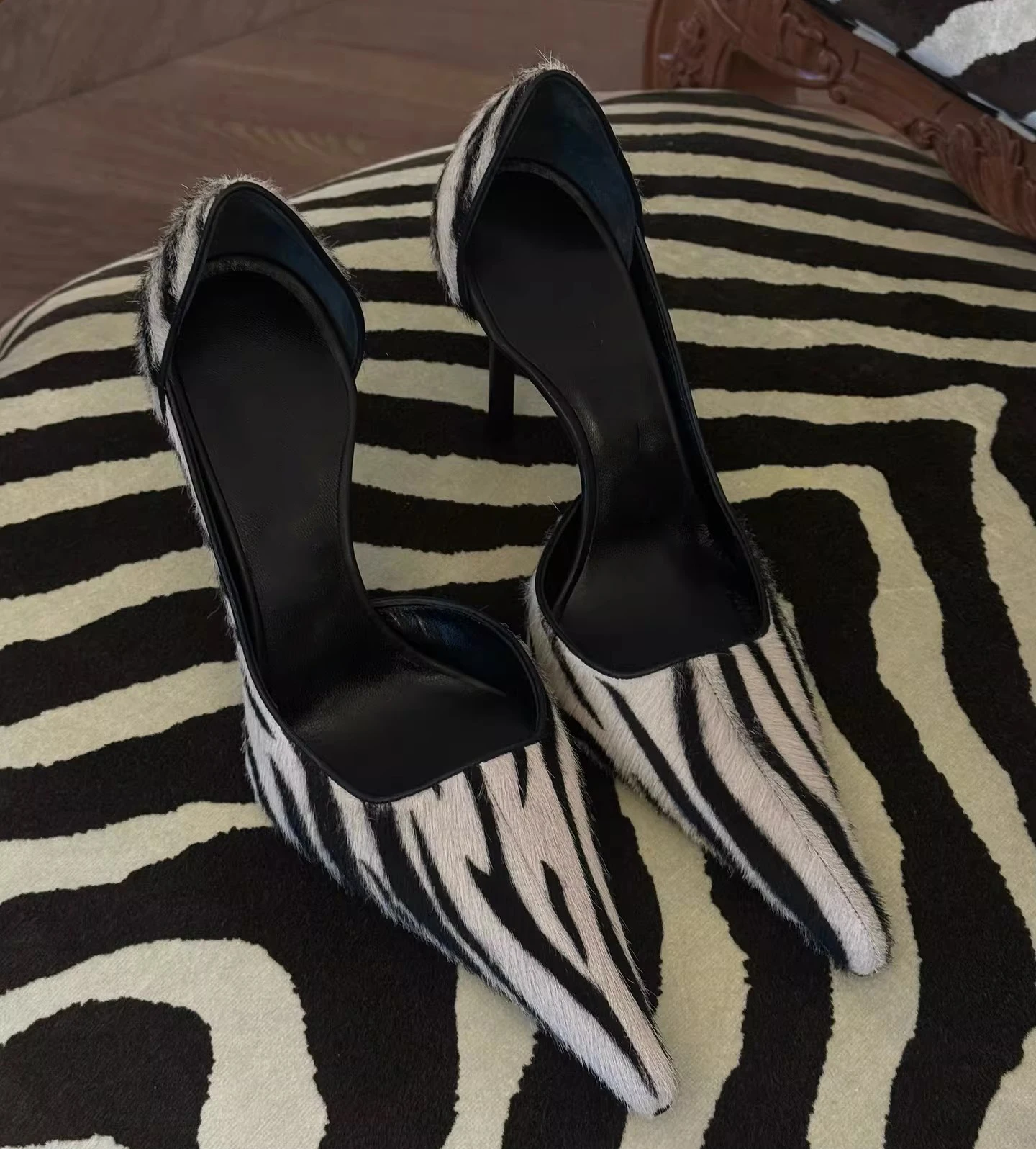 

Sexy Zebra print Pointed Toe High Heel Women Pumps Mixed Color Shallow Summer Slip-on Sandals Lady Wedding Party Dress Shoes