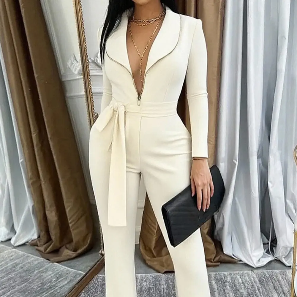 

Women's Long Sleeve Jumpsuits Plain Zipper Full Length Office Lady Autumn Winter Fashion Ladies Jumpsuit