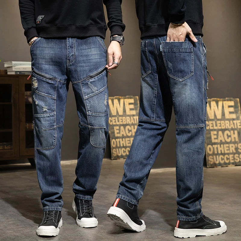 

Мужские джинсы в стиле стритстайл, свободные прямые, модные, с эффектом потертости, длинные брюки из хлопкового денима