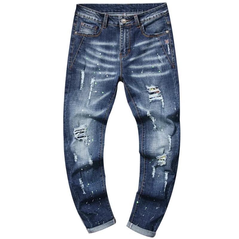 

Jeans Pencil Pants Men Hole Denim Trousers Ripped Mid Waist Skinny Streetwear Vintage Distressed Washed Male Straight Denims