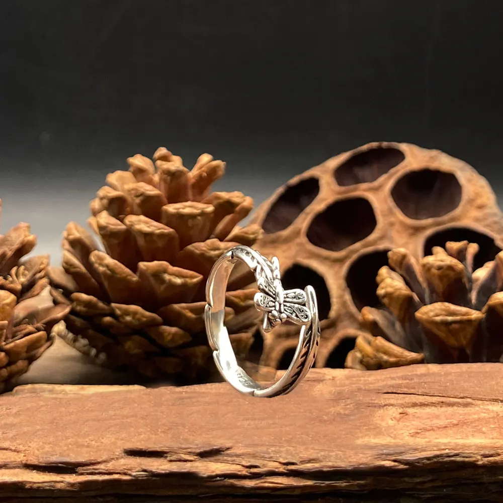 Vintage Dragonfly & Leaves Adjustable Open Cuff Ring, Hiphop Punk Unisex Jewelry, Fashion Accessory Party Festival Gift for Men