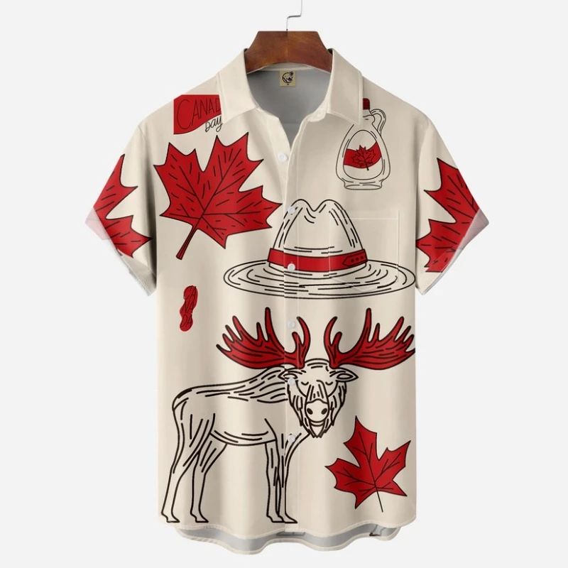 Summer Hawaiian Shirts For Men 3d Maple Leaf Reindeer Print Men Shirt Casual Man Clothing Top Loose Oversized Short Sleeve Shirt